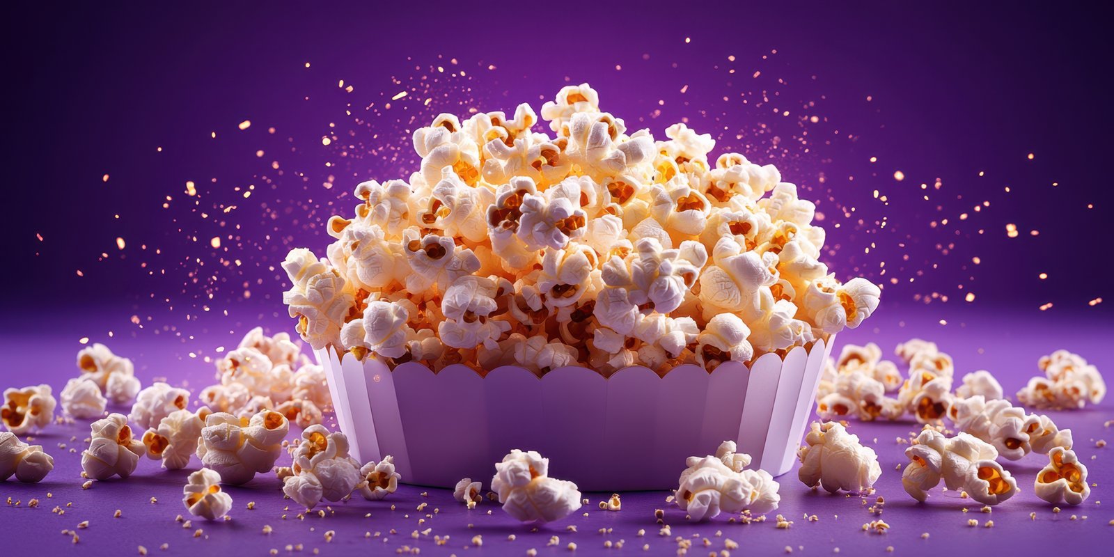Large bowl of freshly popped popcorn with kernels scattered on a vibrant purple backdrop